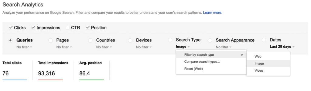 image search filter search console